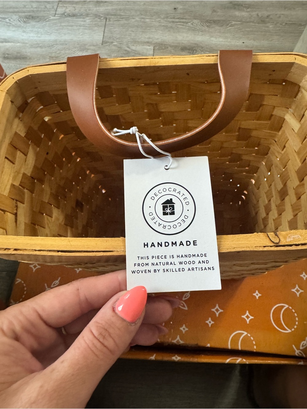 Handwoven Natural Wood Basket with Leather Handles – Handmade